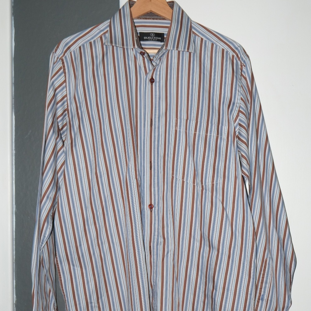 Bugatchi men's shirt, Medium, blue/brown stripe